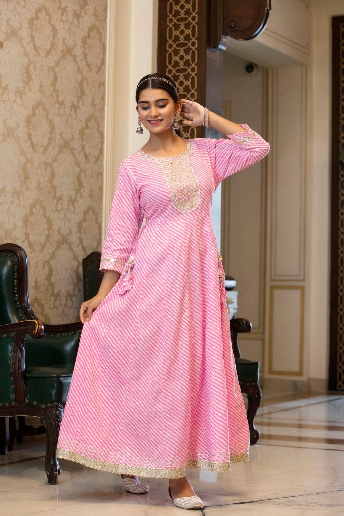 Cotton Cambric Fuchsia Printed Embroidered Flared Festive Long Dress