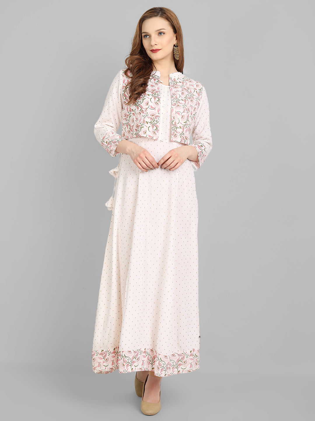 Off White Rayon Printed Flared Dress