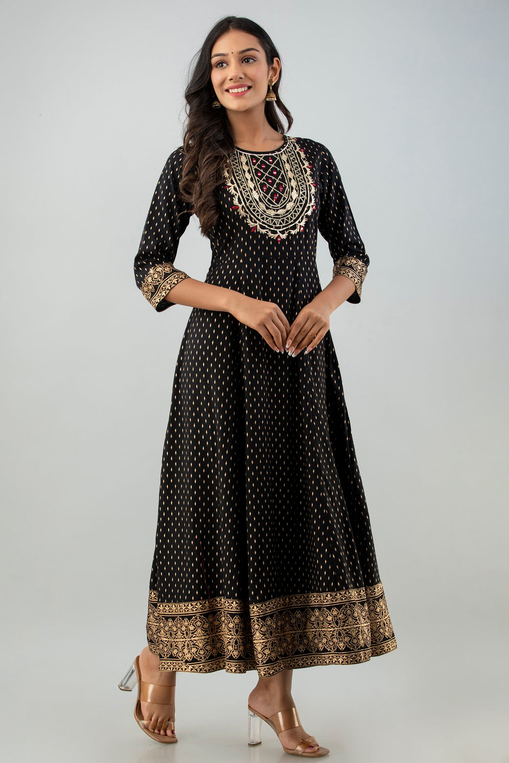 Black Rayon Printed Flared Dress