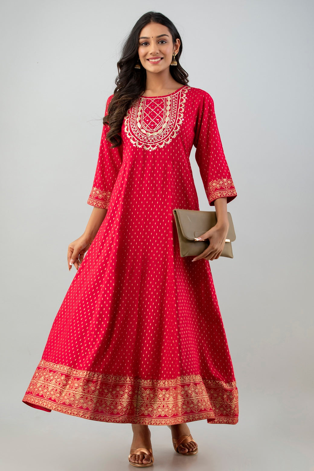 Red Rayon Printed Flared Dress