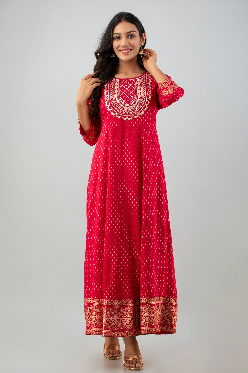 Red Rayon Printed Flared Dress