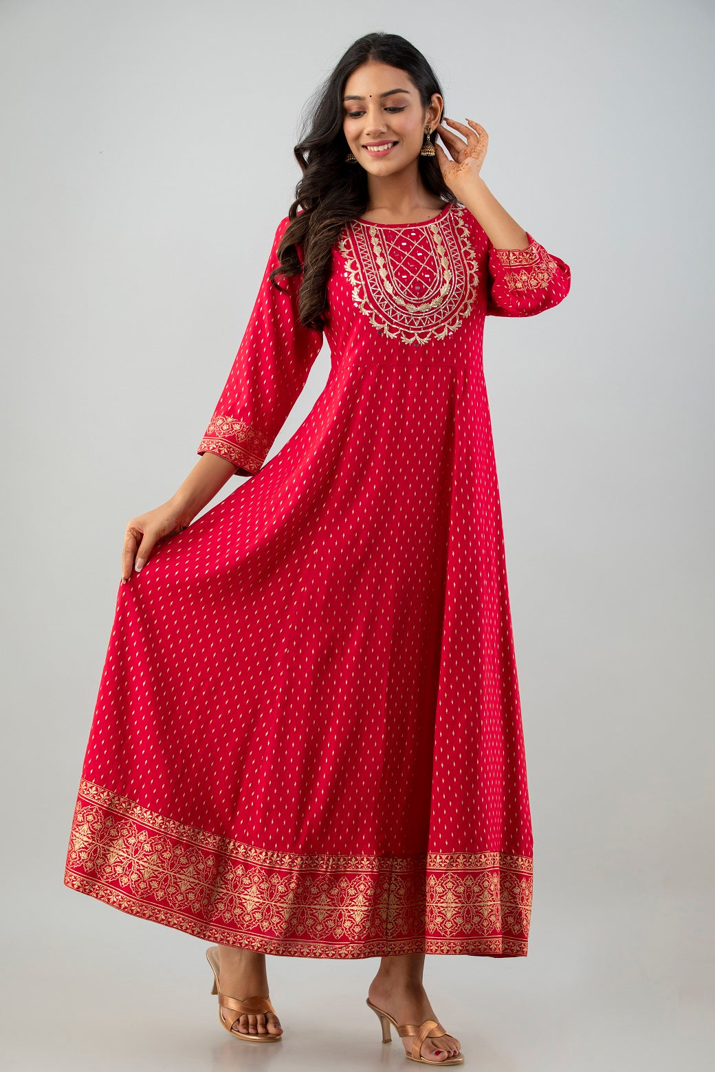 Red Rayon Printed Flared Dress