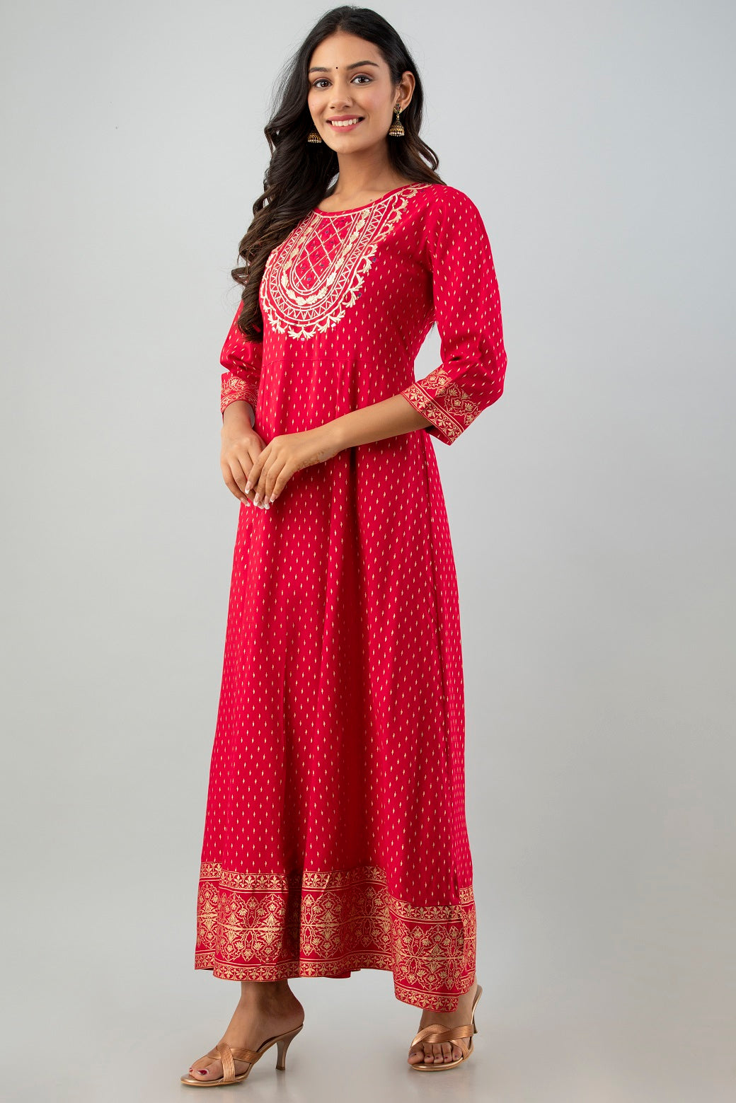 Red Rayon Printed Flared Dress