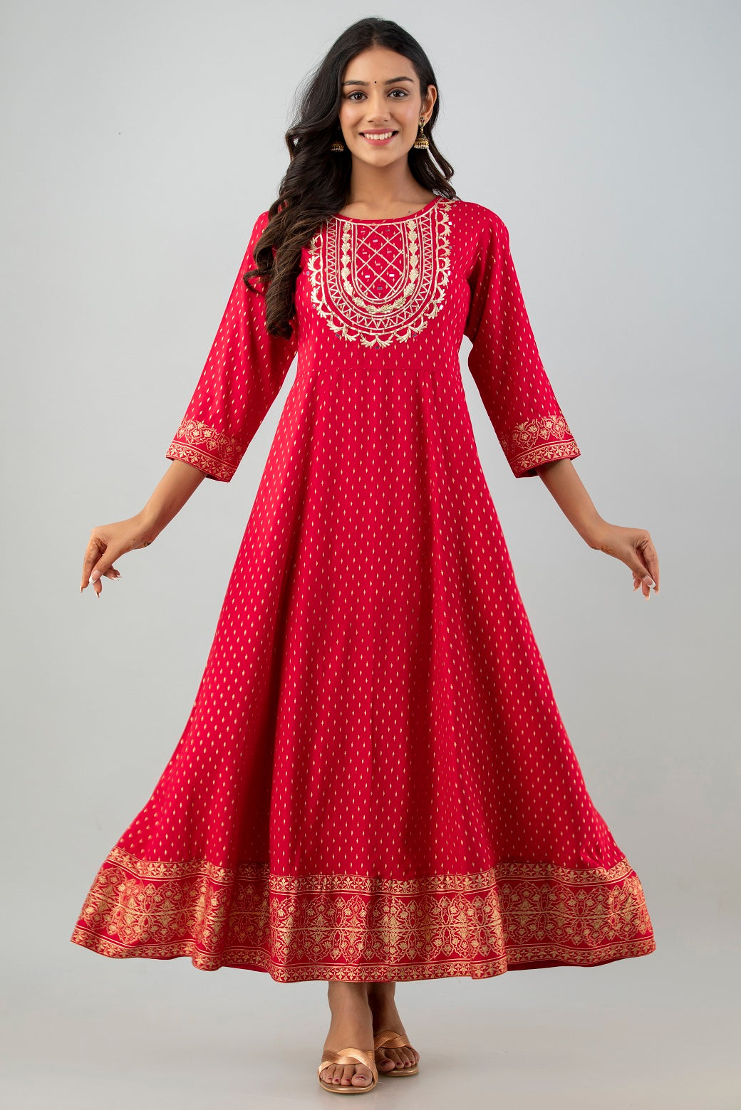 Red Rayon Printed Flared Dress