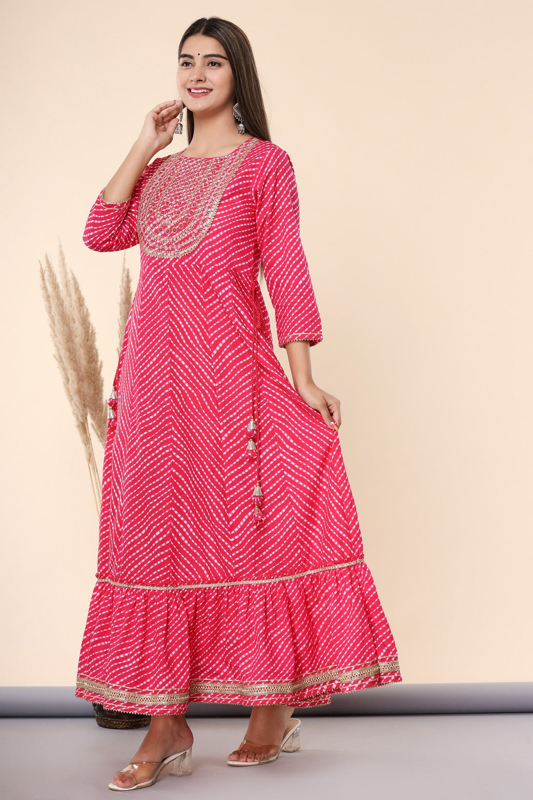 Fuchsia Printed Embroidered Mirror Work Cotton Flared Dress