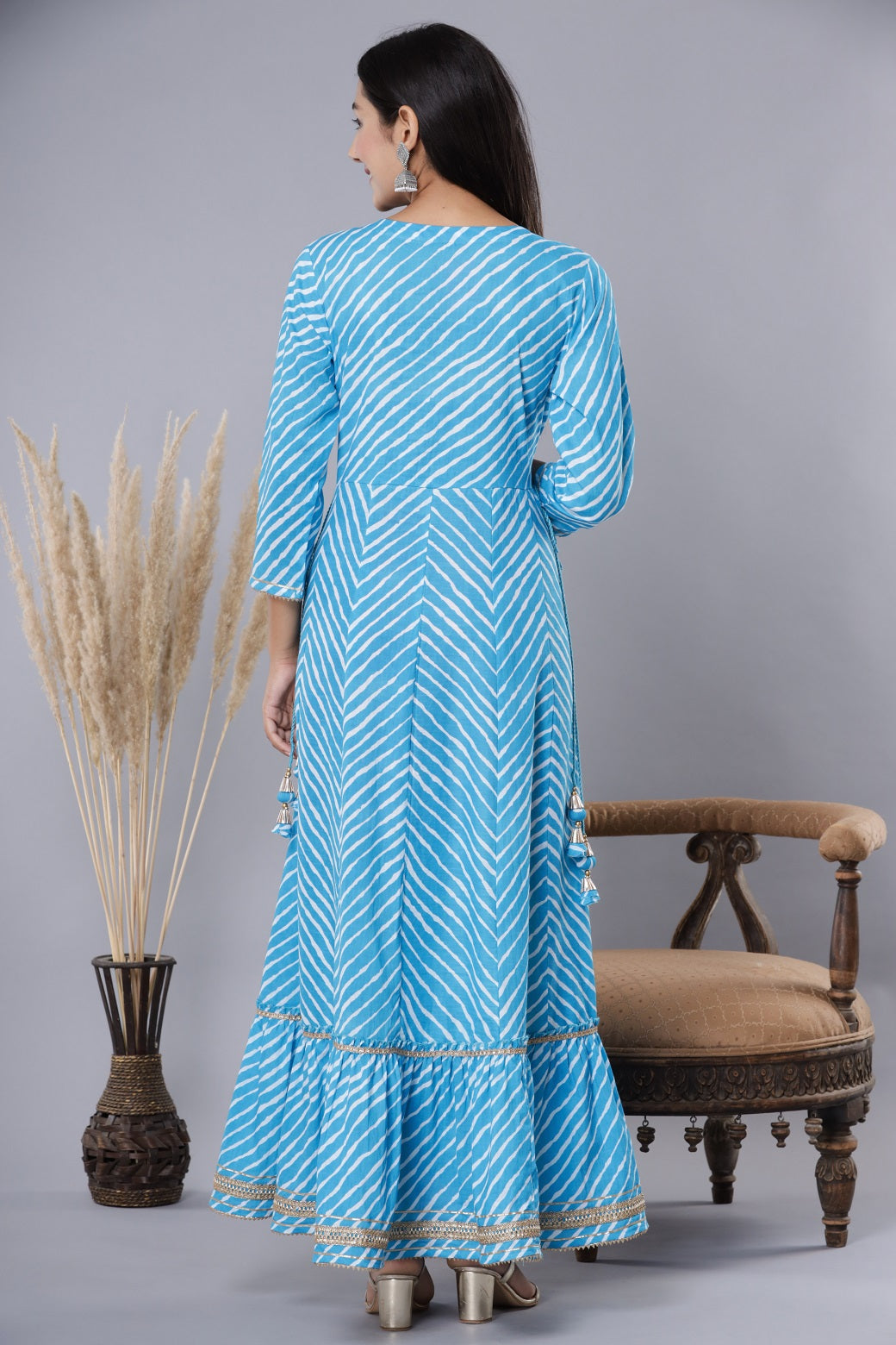 Sky blue Printed Embroidered Mirror Work Sequin Cotton Flared Dress