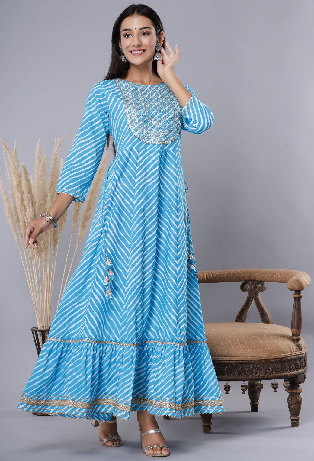Sky blue Printed Embroidered Mirror Work Sequin Cotton Flared Dress