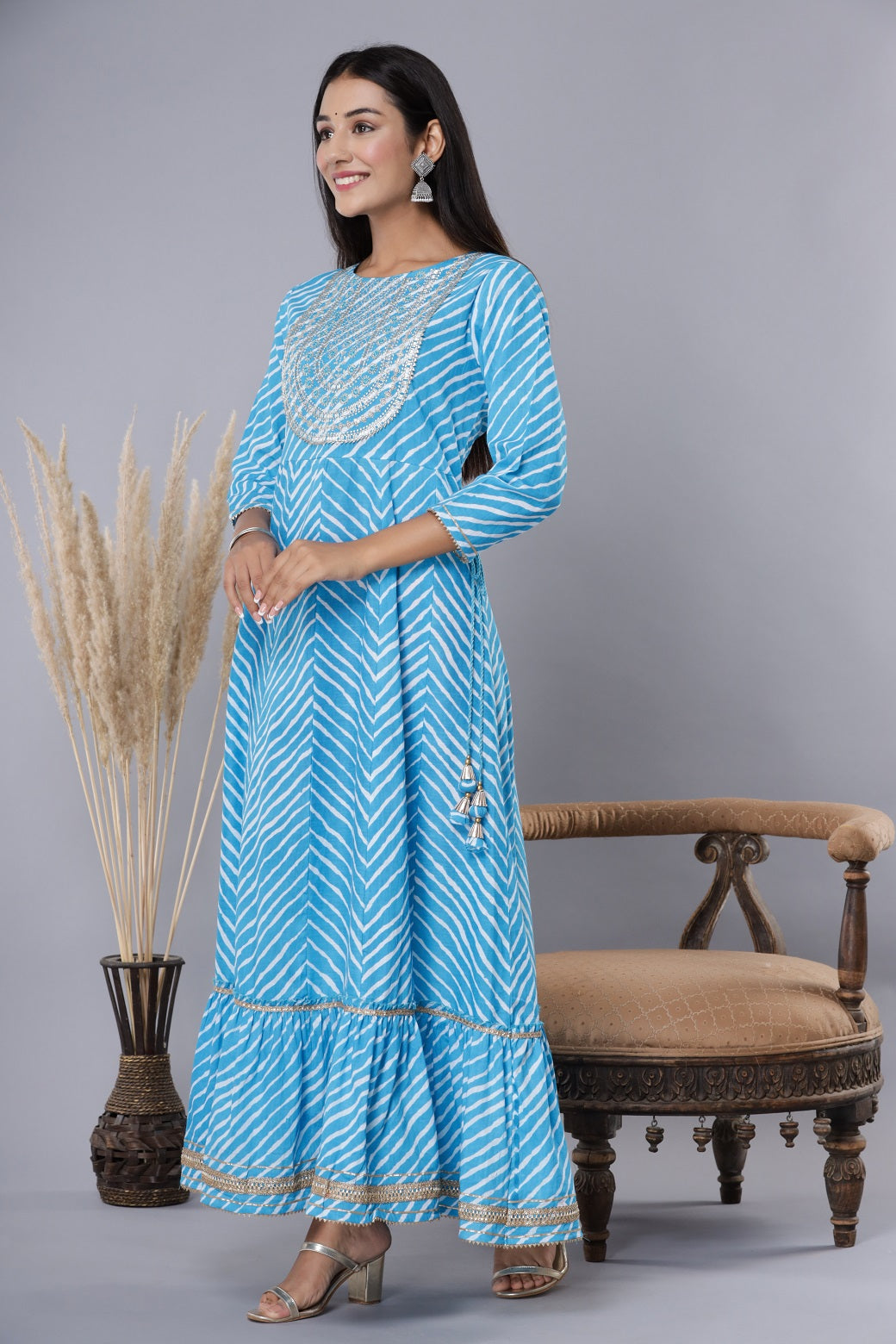 Sky blue Printed Embroidered Mirror Work Sequin Cotton Flared Dress