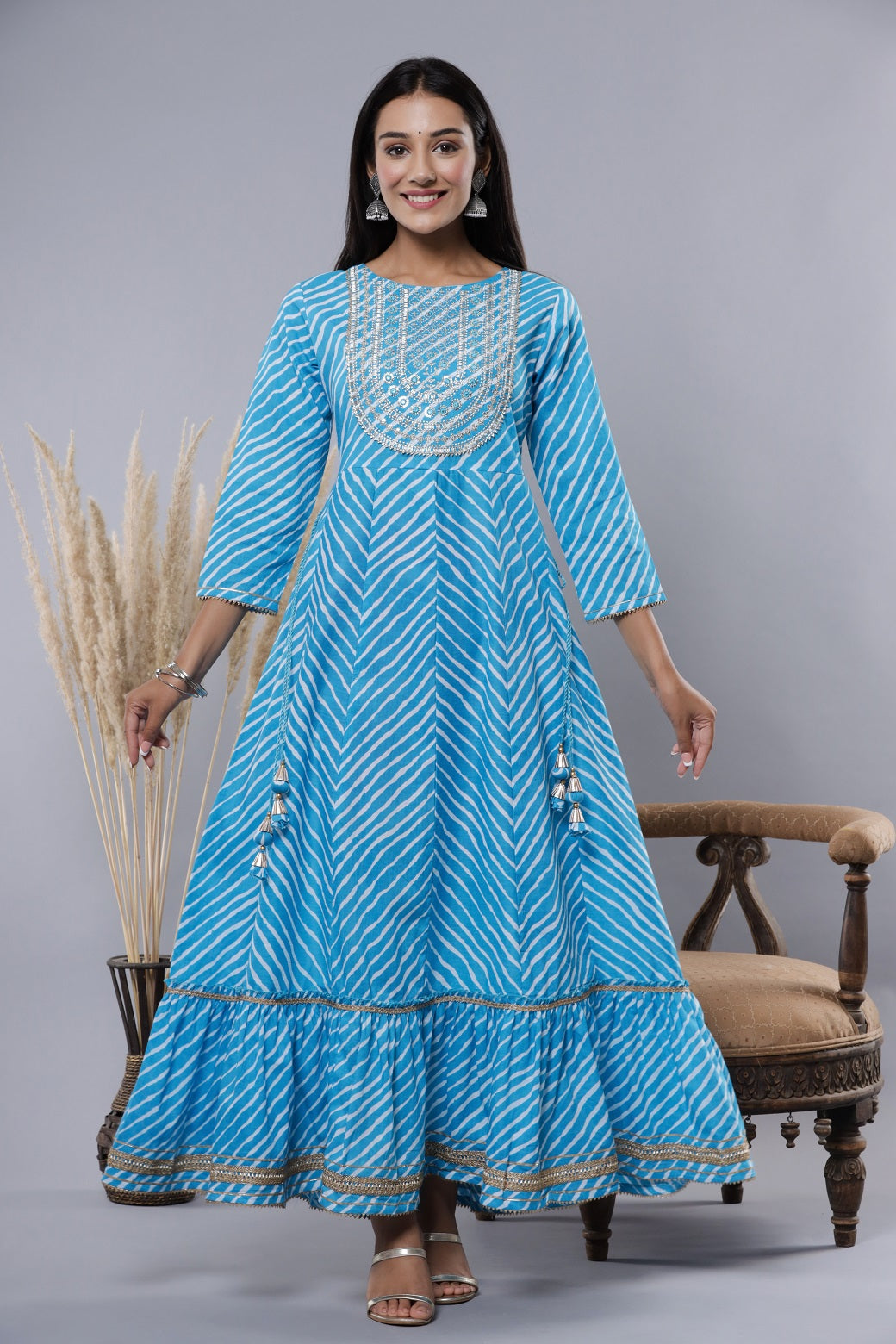 Sky blue Printed Embroidered Mirror Work Sequin Cotton Flared Dress