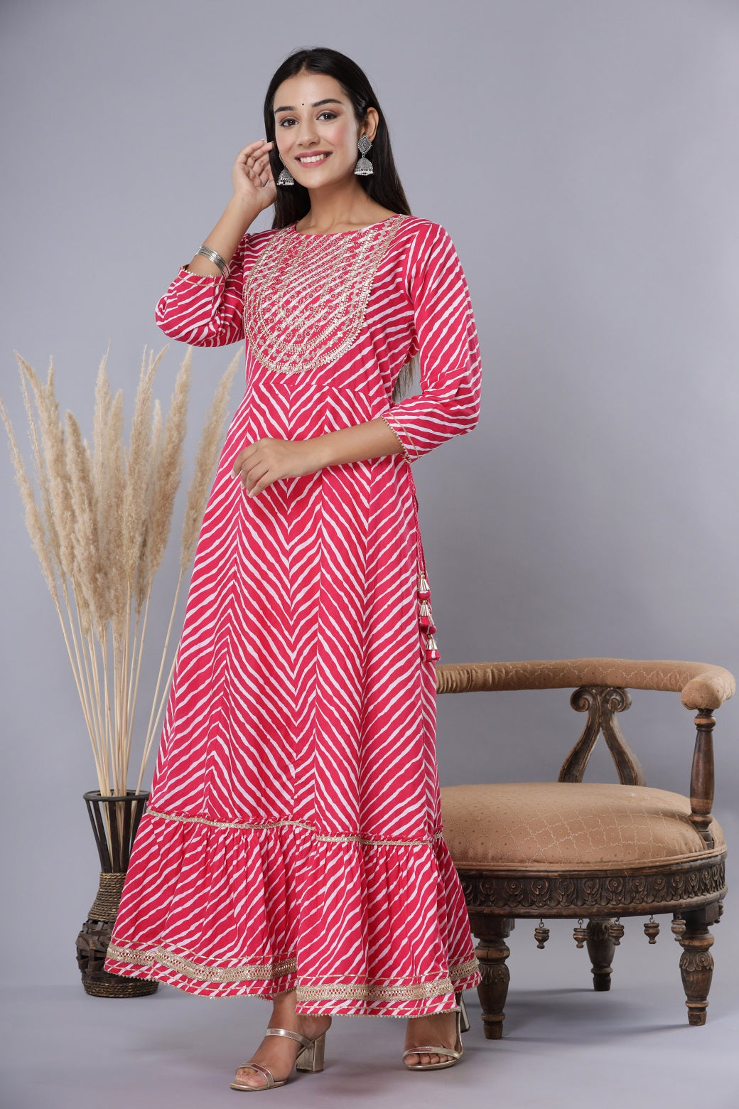 Fuchsia Printed Embroidered Mirror Work Sequin Cotton Flared Dress