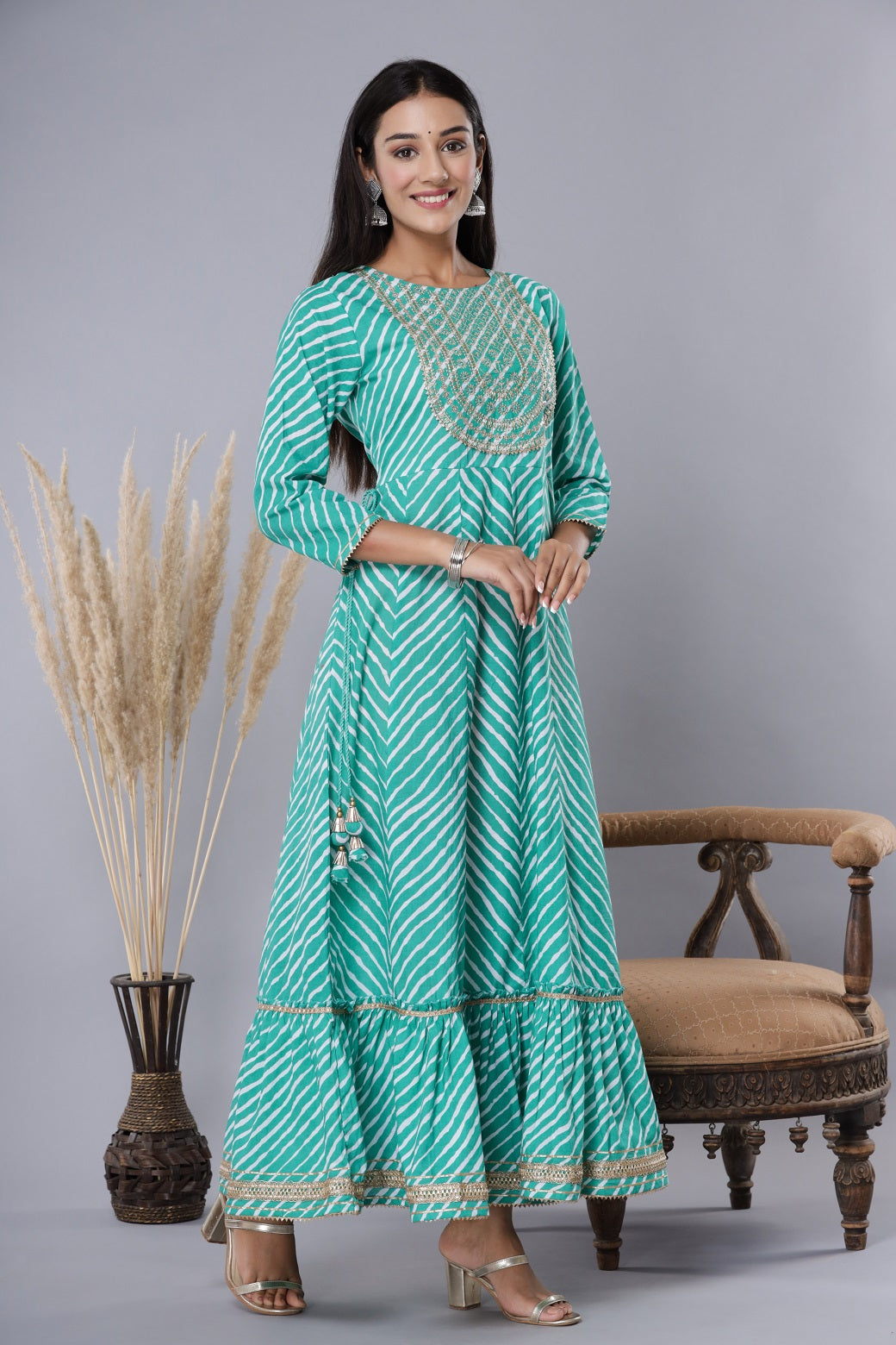 Green Printed Embroidered Mirror Work Sequin Cotton Flared Dress