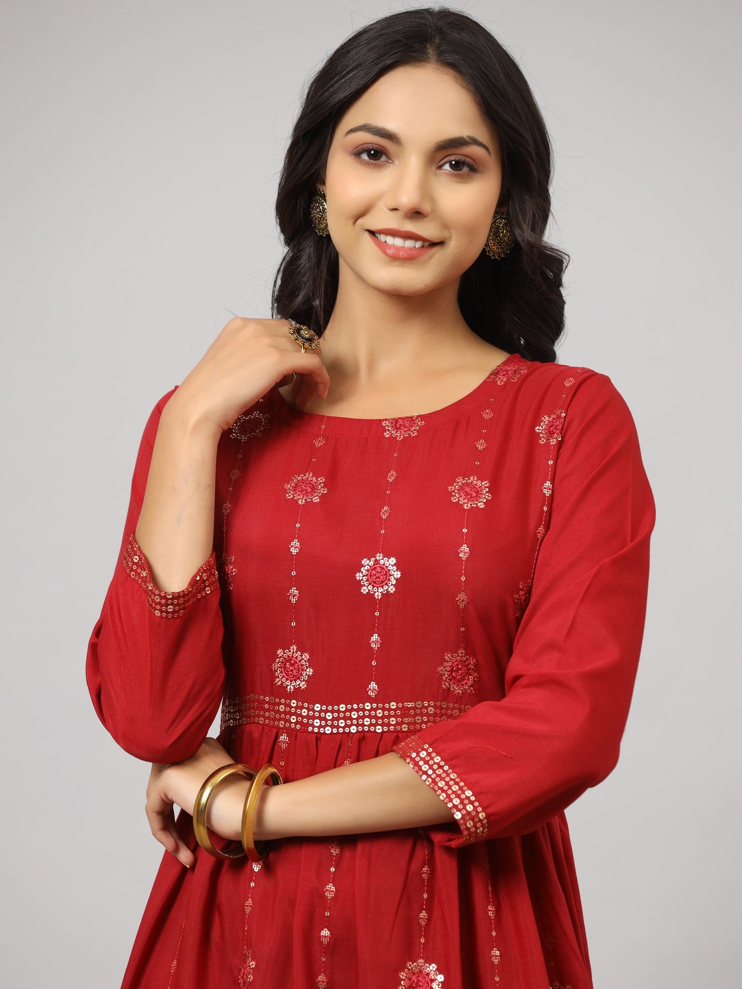 Maroon Festive Printed Flared Dress