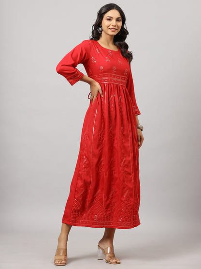 Red Festive Printed Flared Dress