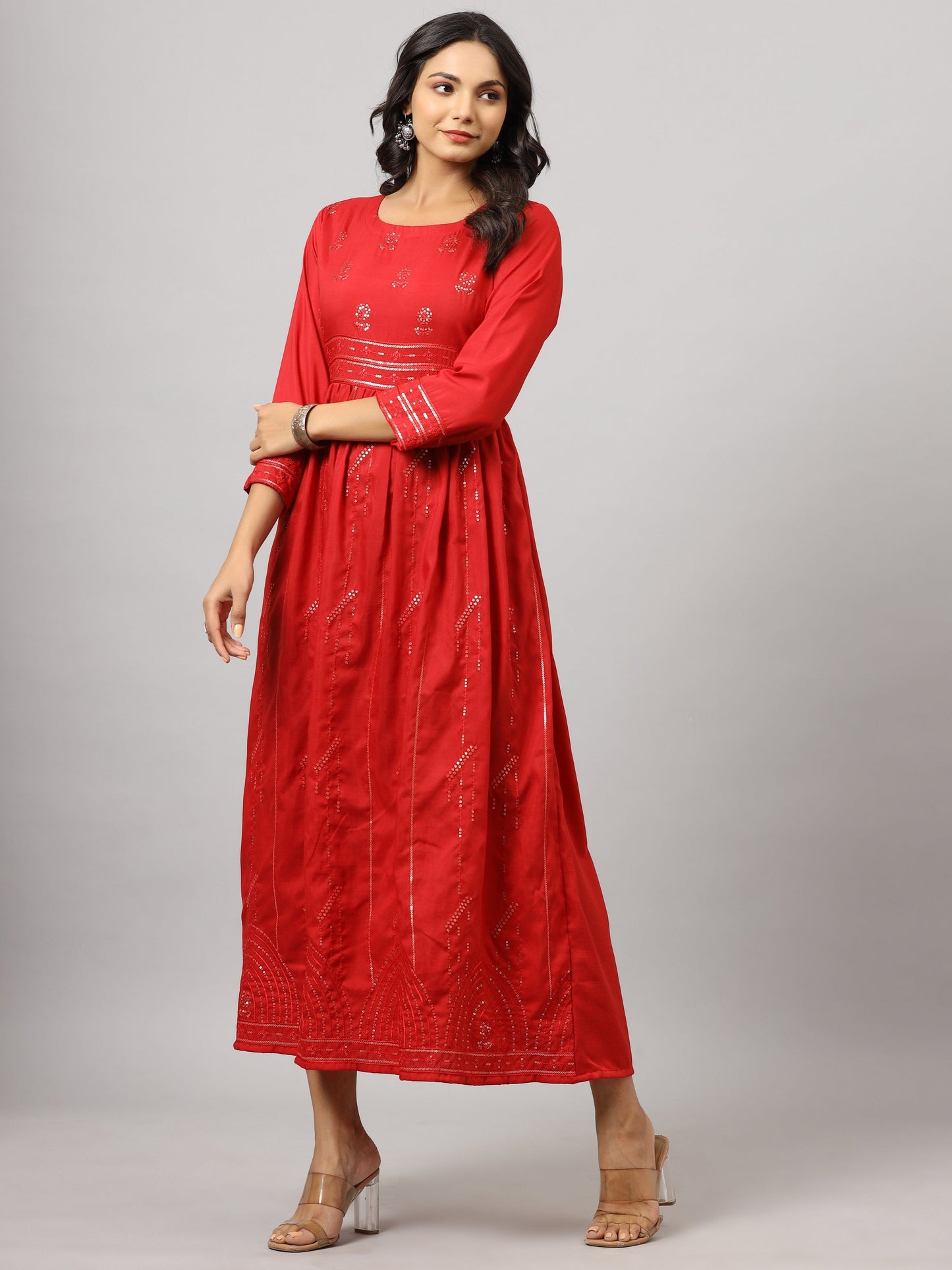 Red Festive Printed Flared Dress