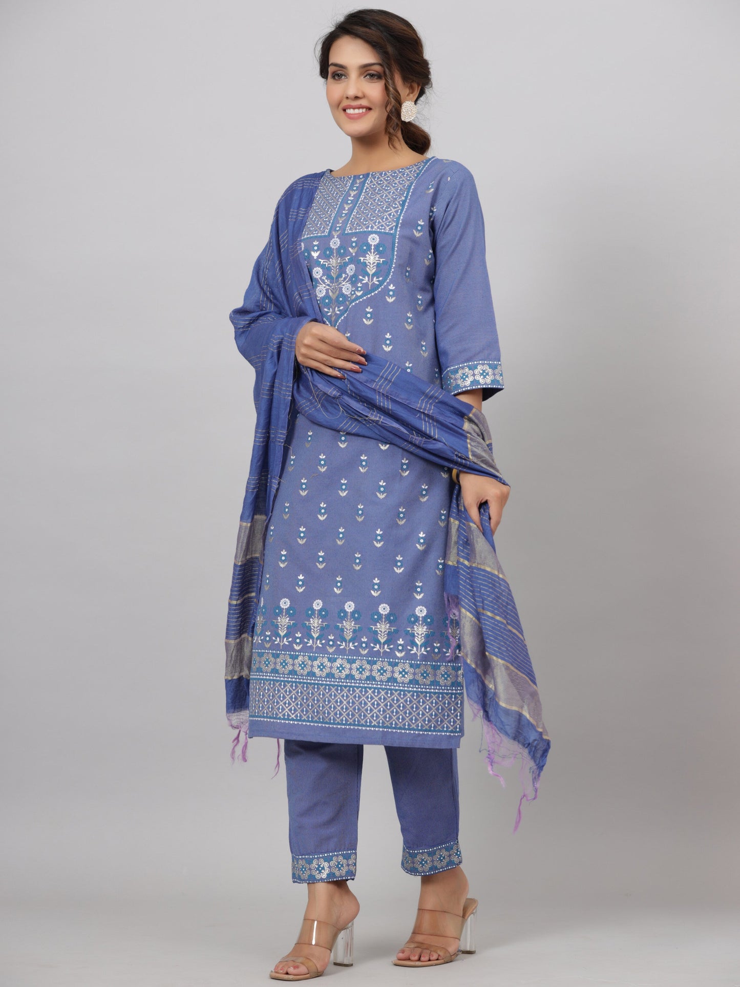 Blue Cotton Printed Kurta Set