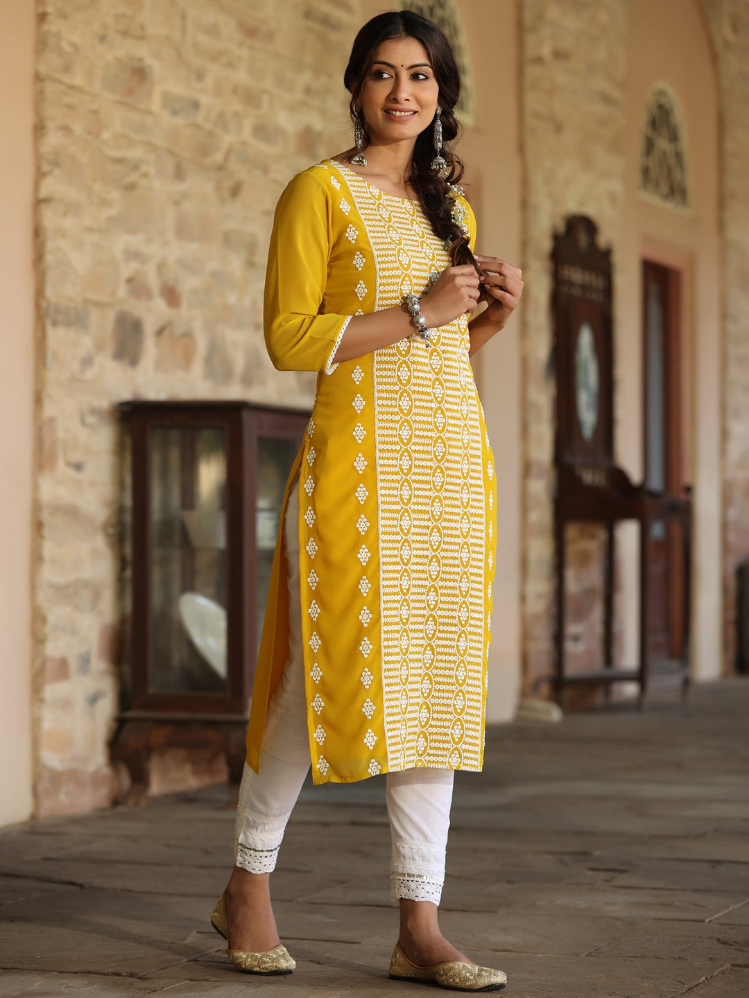 Yellow Georgette Printed Kurta