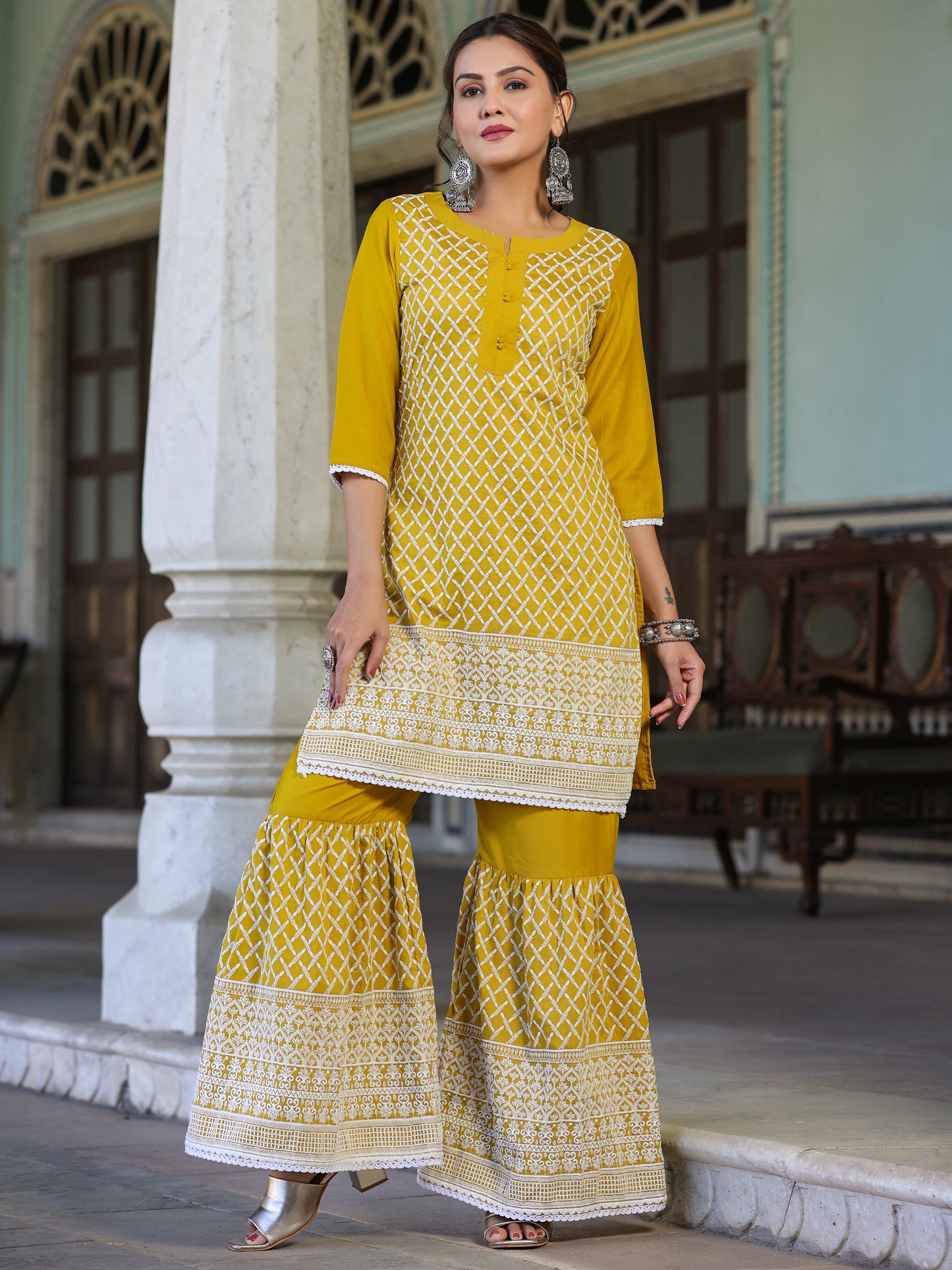 Mustard Chinnon Embroidery Kurta Garara Set