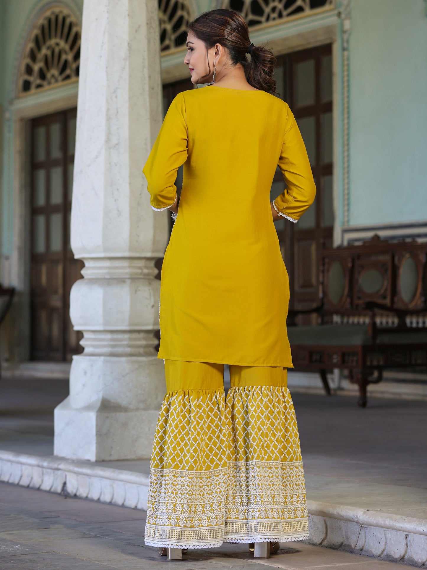 Mustard Chinnon Embroidery Kurta Garara Set