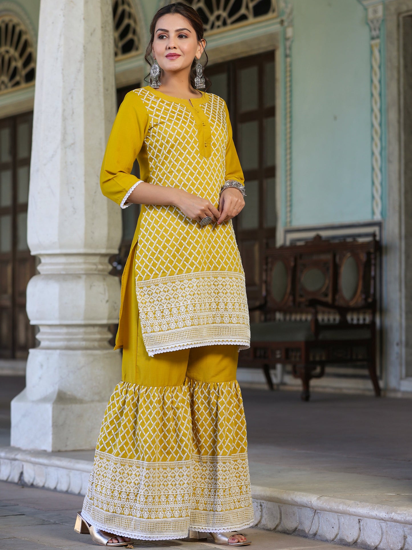 Mustard Chinnon Embroidery Kurta Garara Set