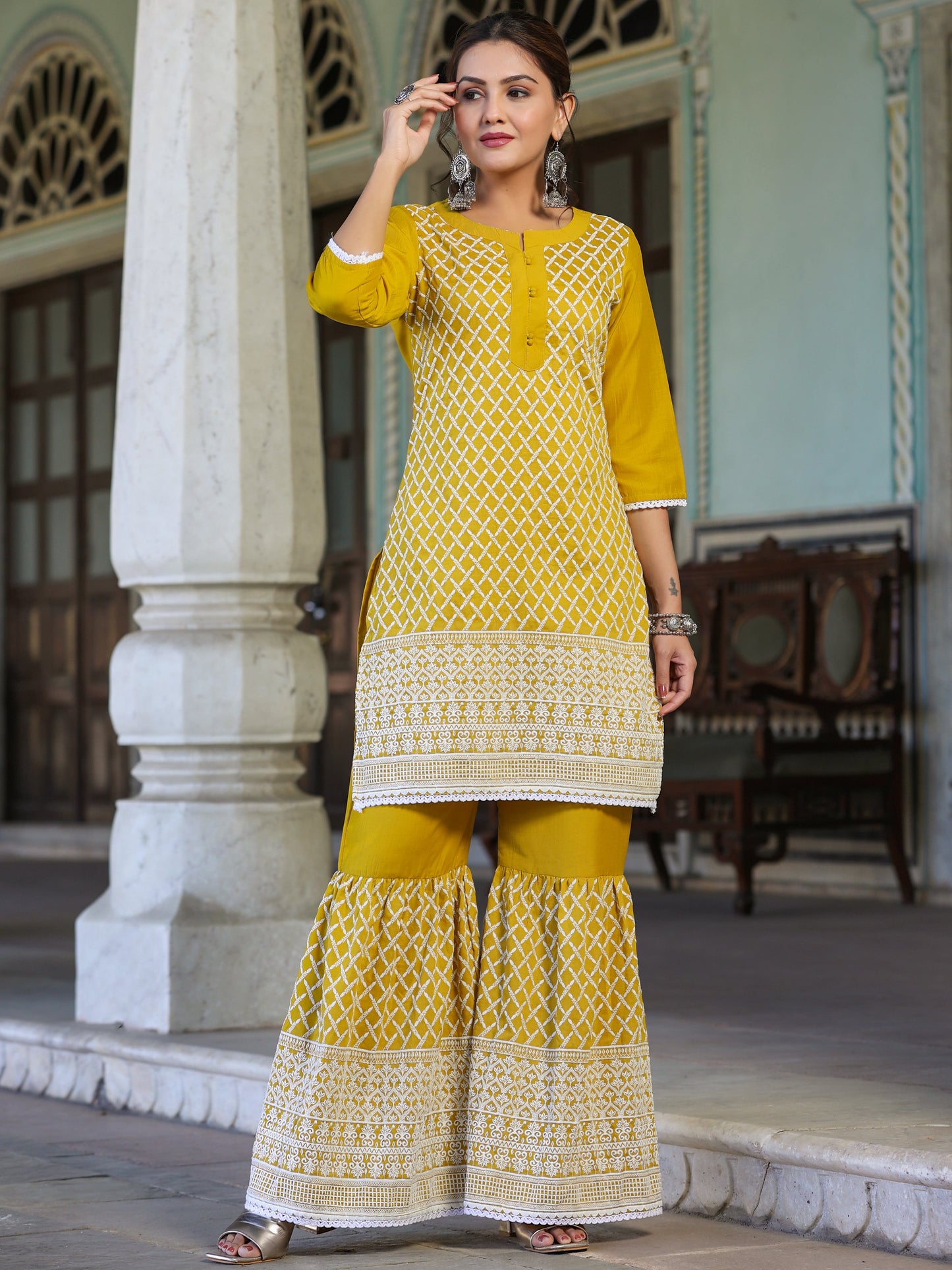 Mustard Chinnon Embroidery Kurta Garara Set