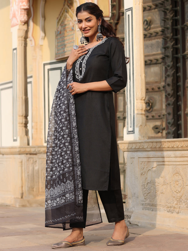Black Silk Solid Embroidered Kurta Set