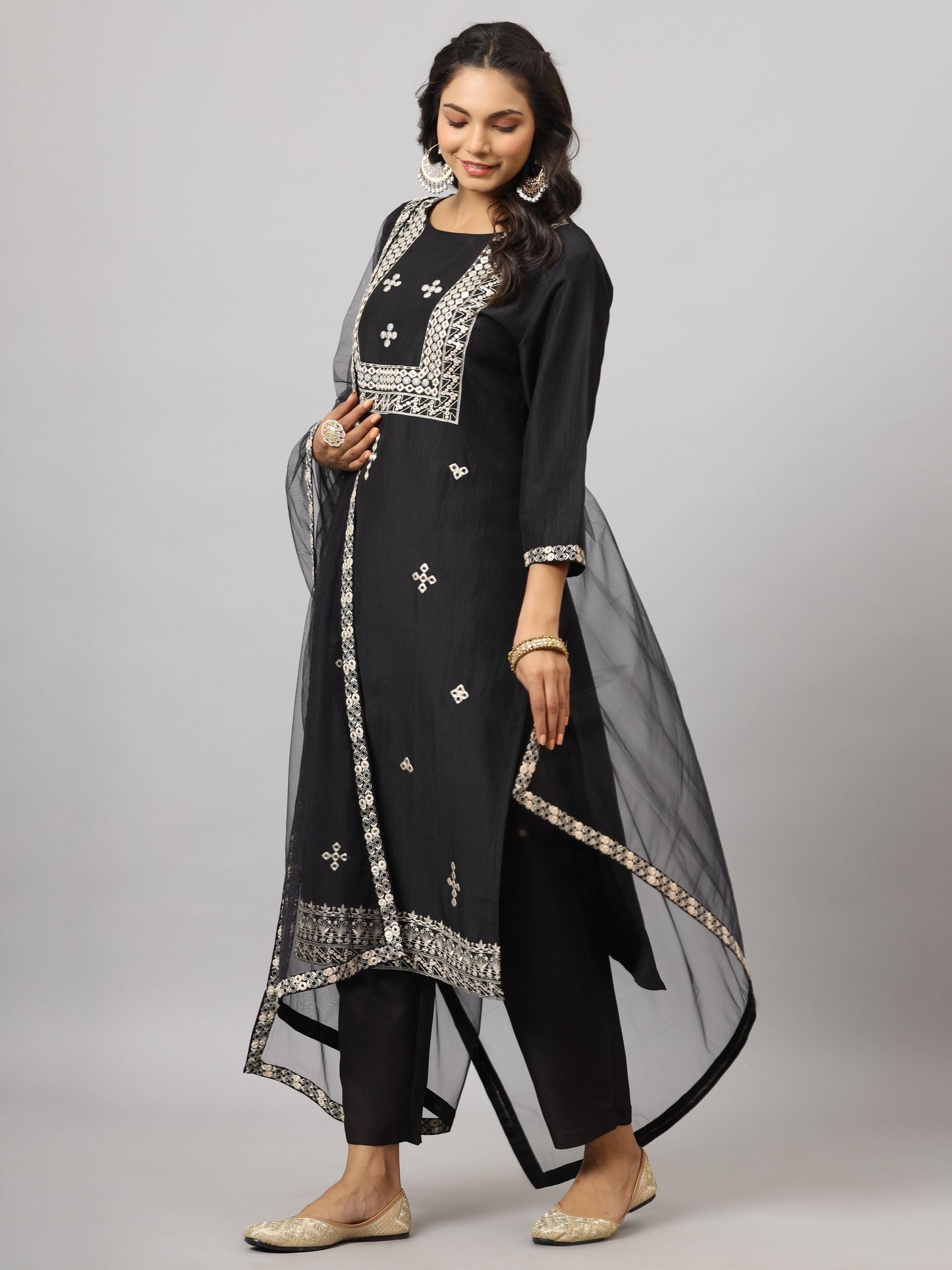 Black Chinnon Solid Embroidered Kurta Set