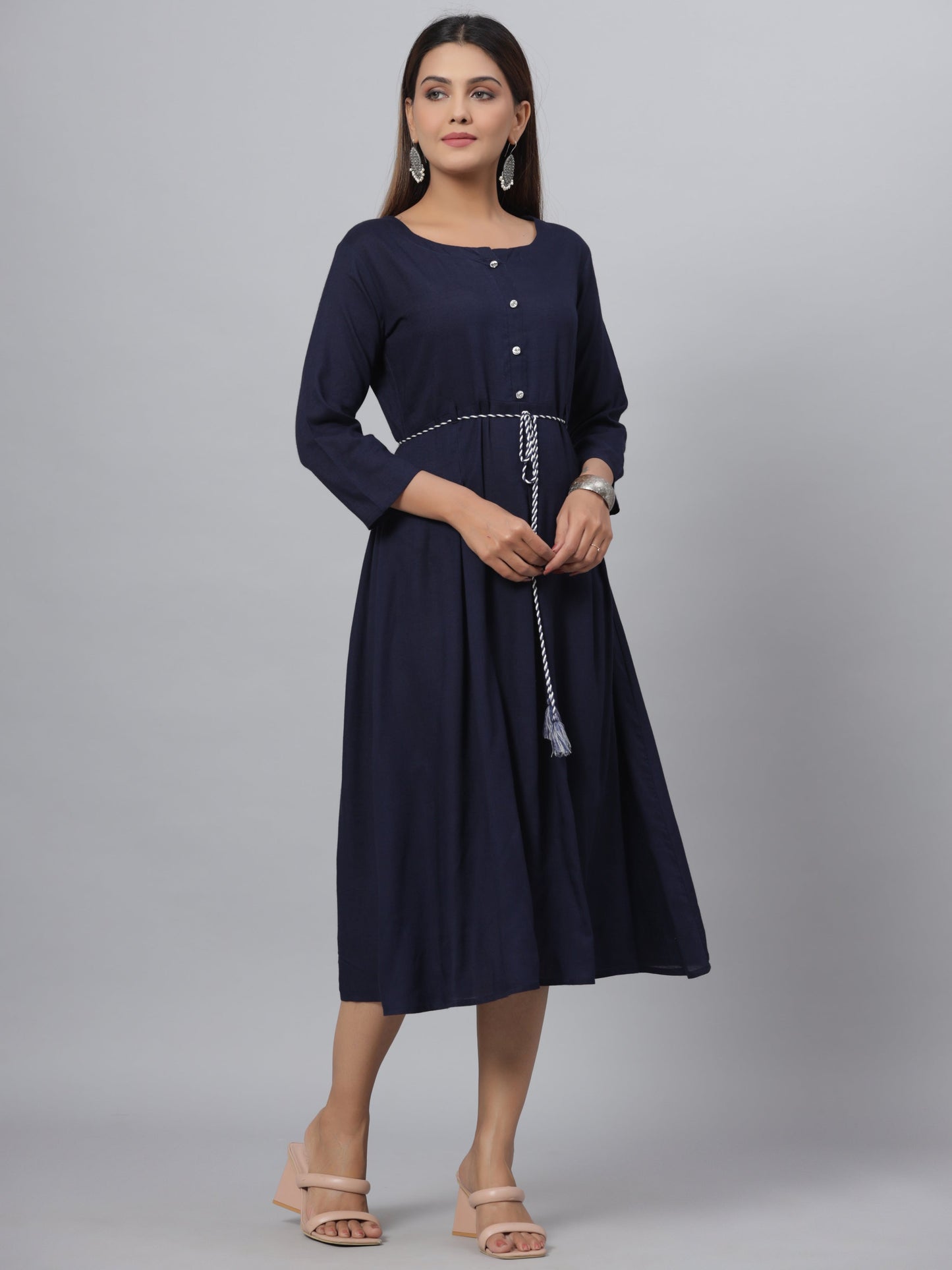 Navy Rayon Slub Solid Dress