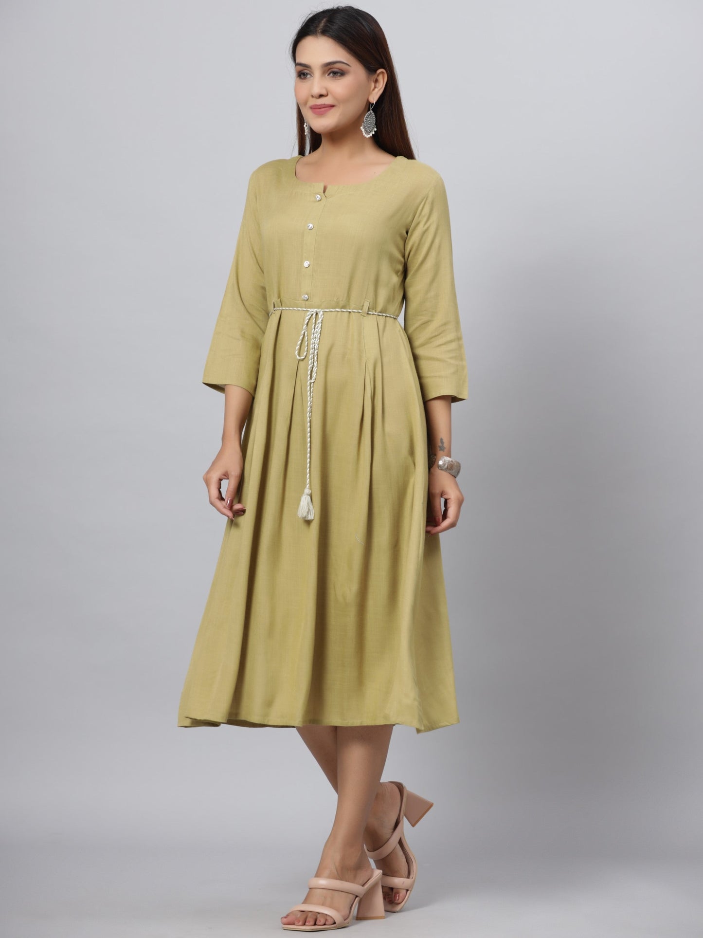 Green Rayon Slub Solid Dress