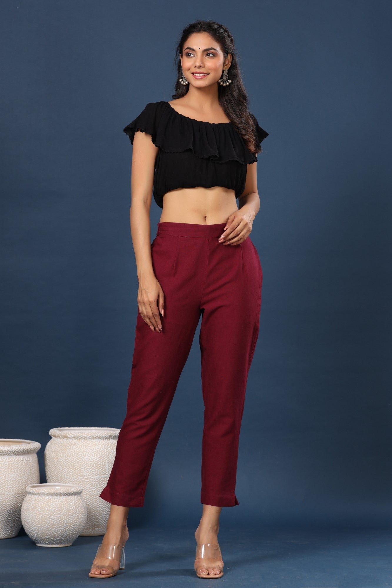 Burgundy Cotton Flex Solid Slim Fit Pant/Slim Pant