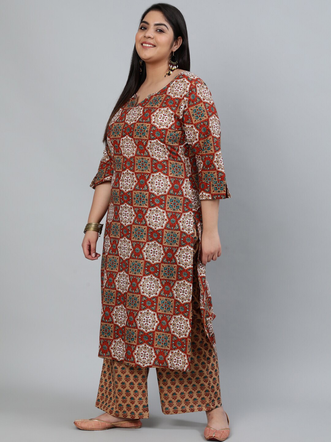 Plus Size Women Brown Printed Straight Kurta With Palazo & Dupatta