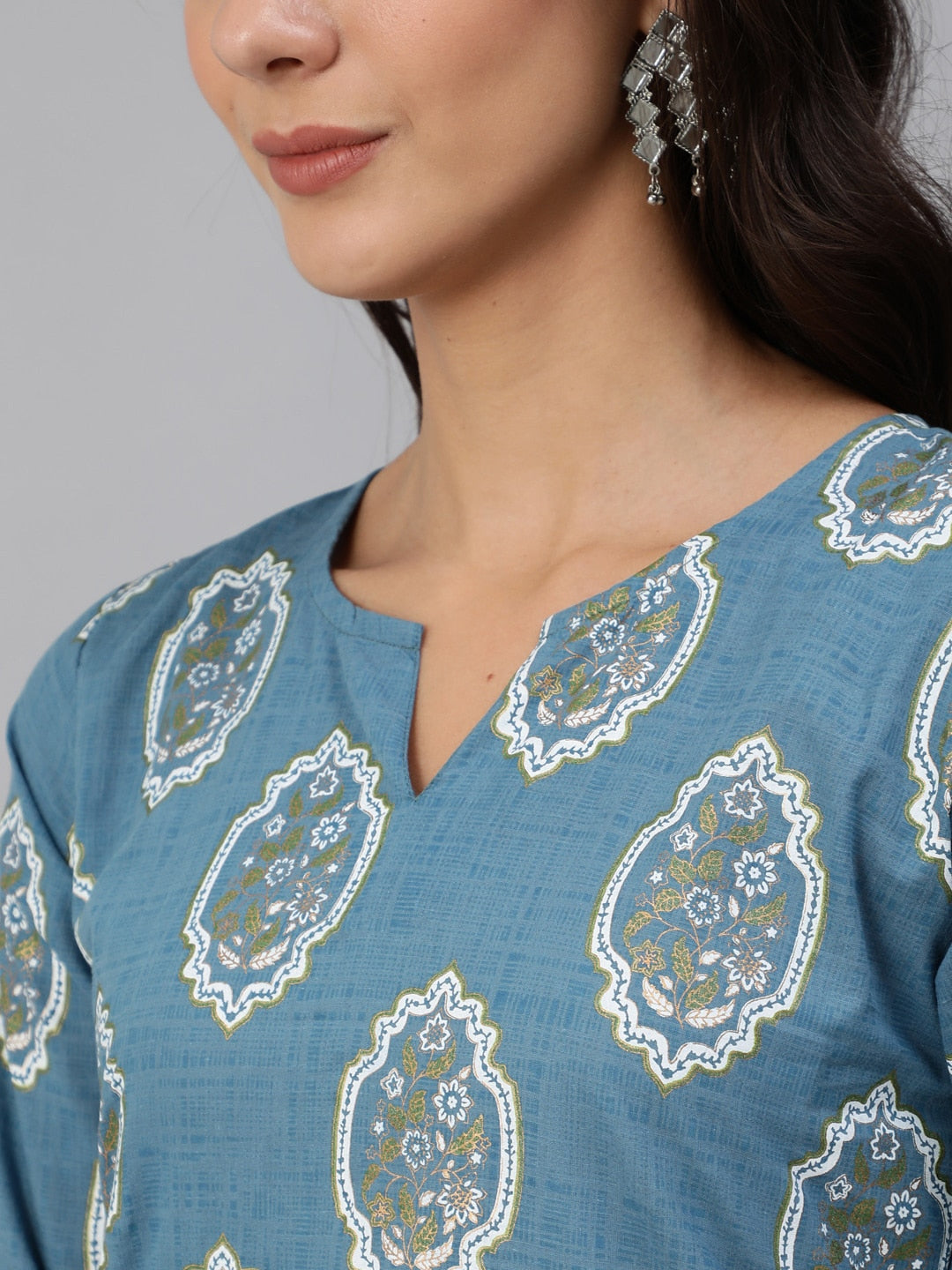 Women Blue & Gold Printed Kurta Set With Plazo & Dupatta