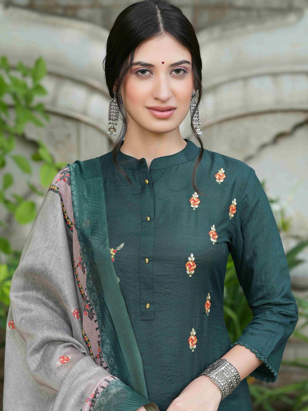 Bottle Green Mono Viscose Festive Wear Embroidered Straight Kurta Pant Dupatta Set