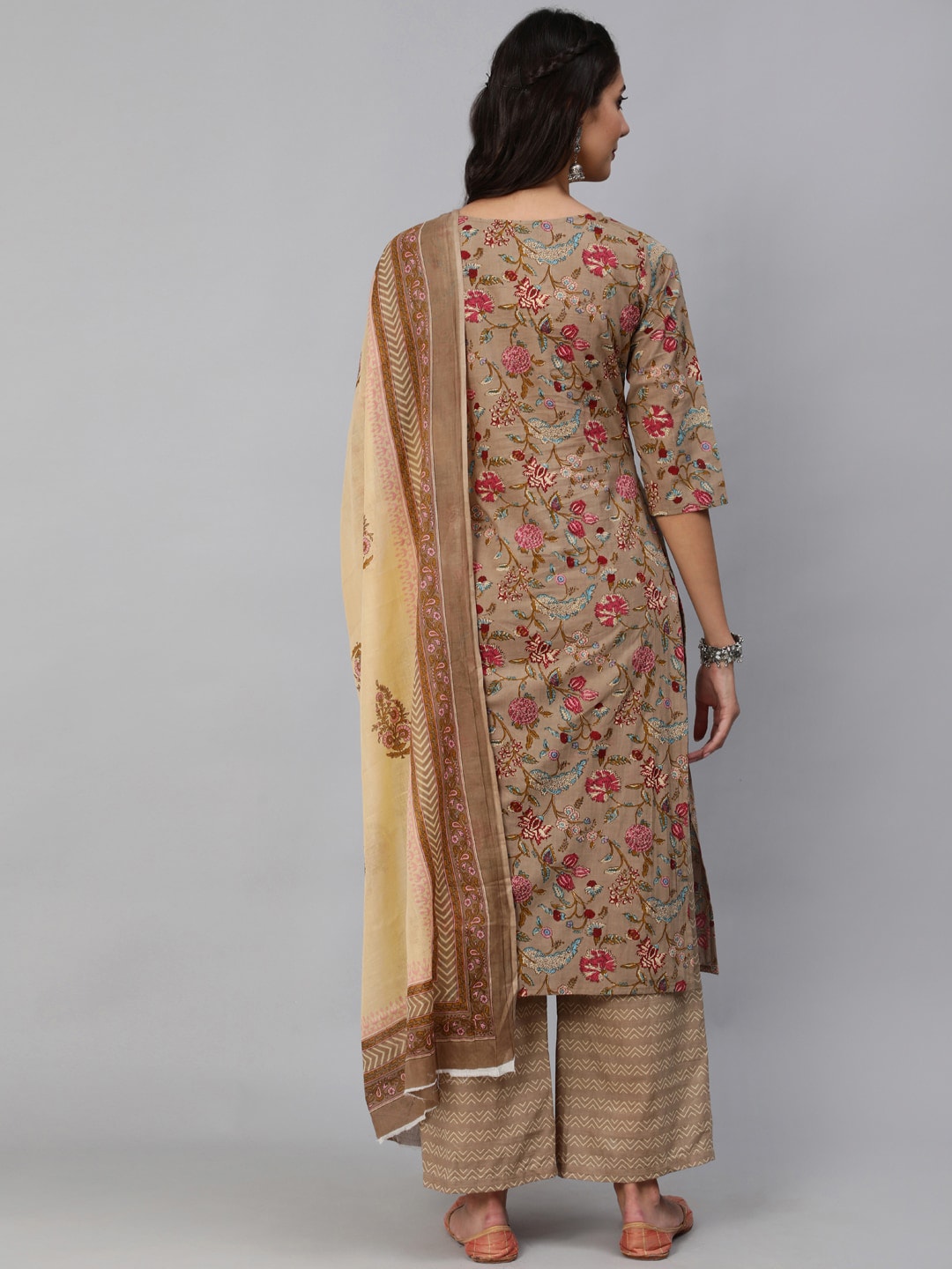 Women Grey Printed Straight Kurta Set With Plazo & Dupatta