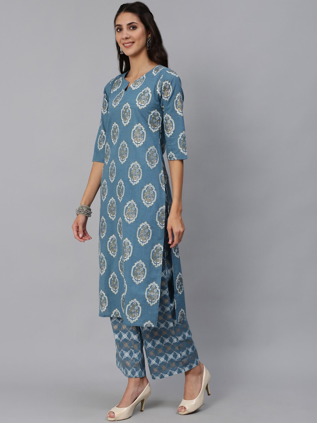 Women Blue & Gold Printed Kurta Set With Plazo & Dupatta