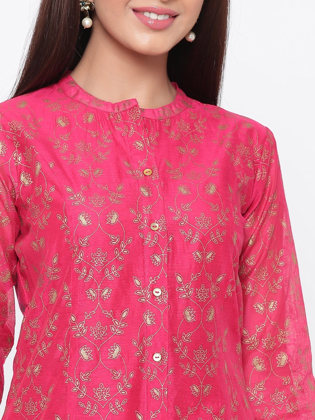 Fuchsia Chanderi Silk Printed A-Line Kurta