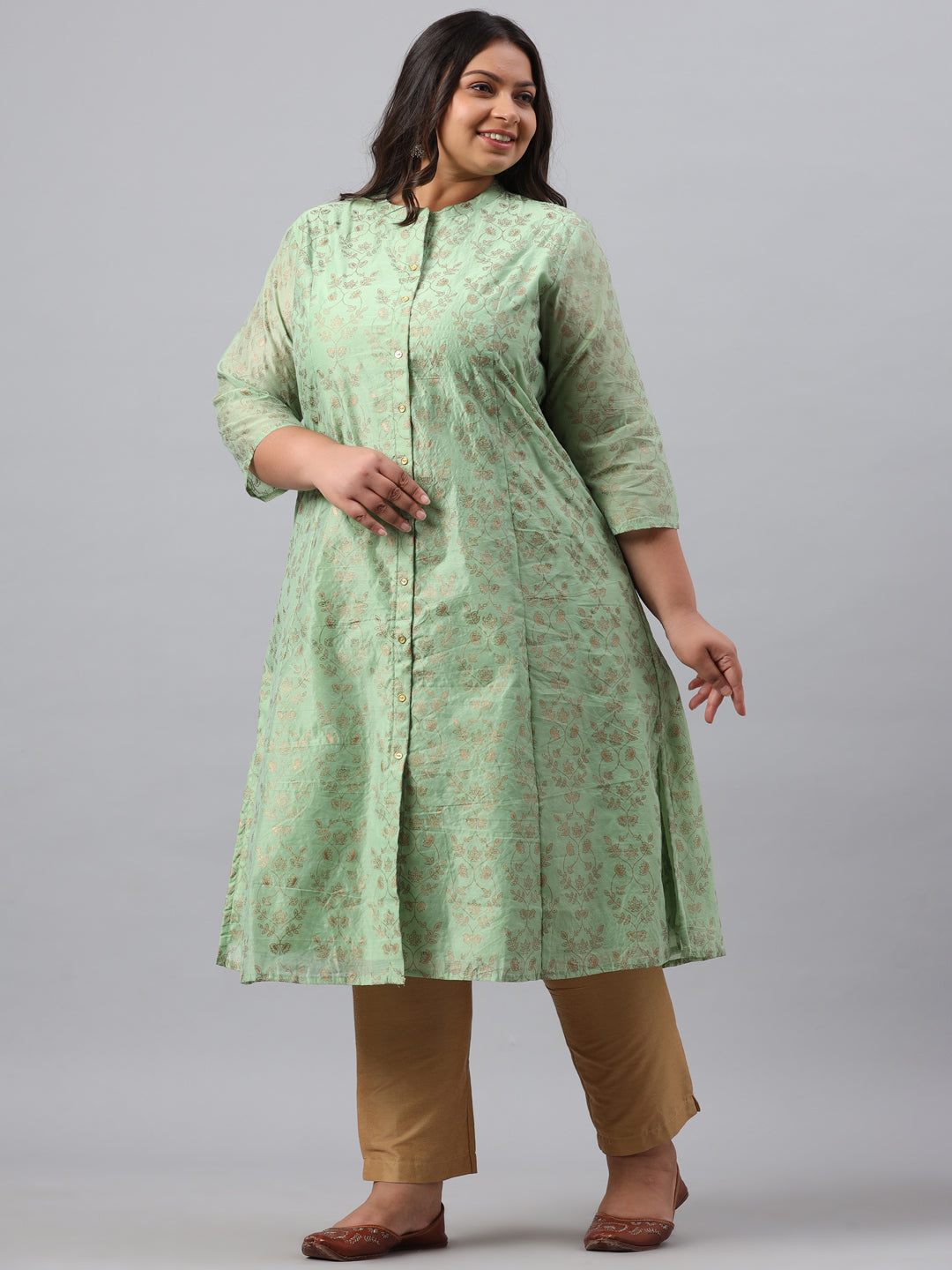 Pistagreen Chanderi Silk Printed A-Line Kurta