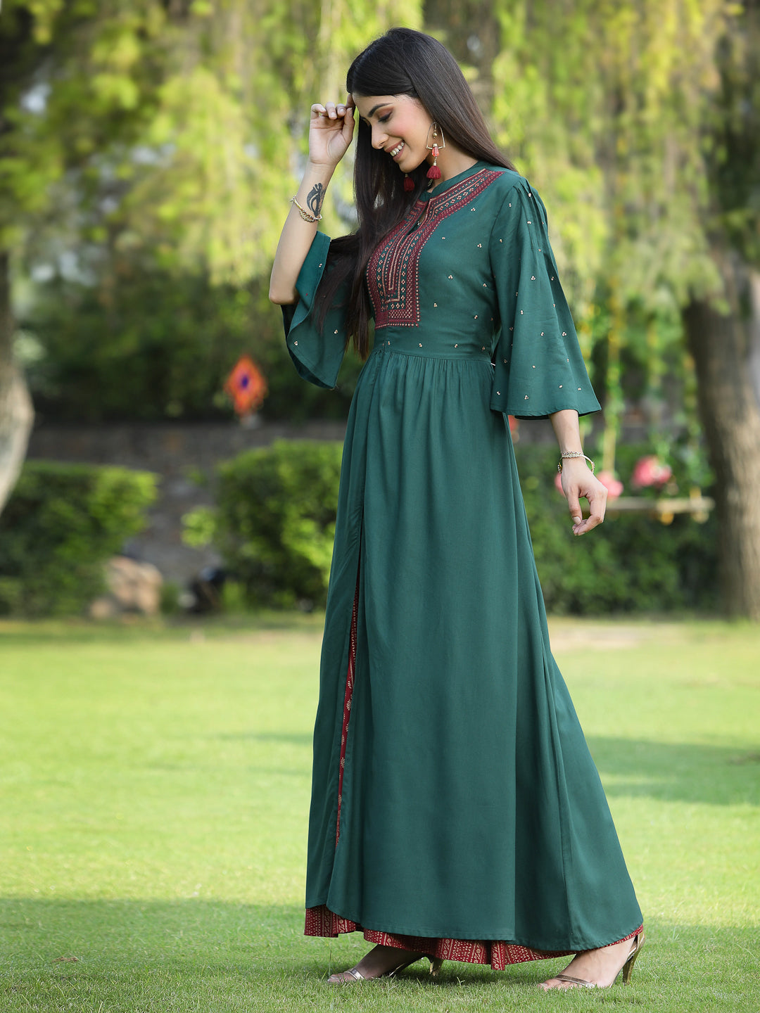 Jadegreen Rayon Embroidered & Printed High-Slit Kurta Sets