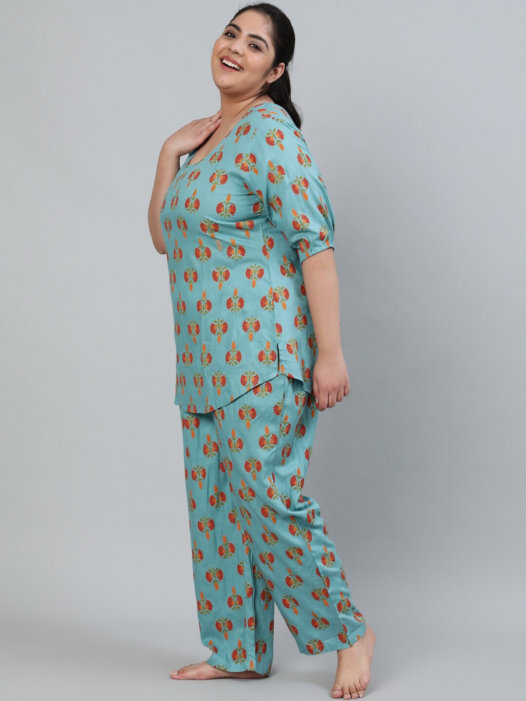 Plus Size Women Blue Printed Night Suit With Half Sleeves