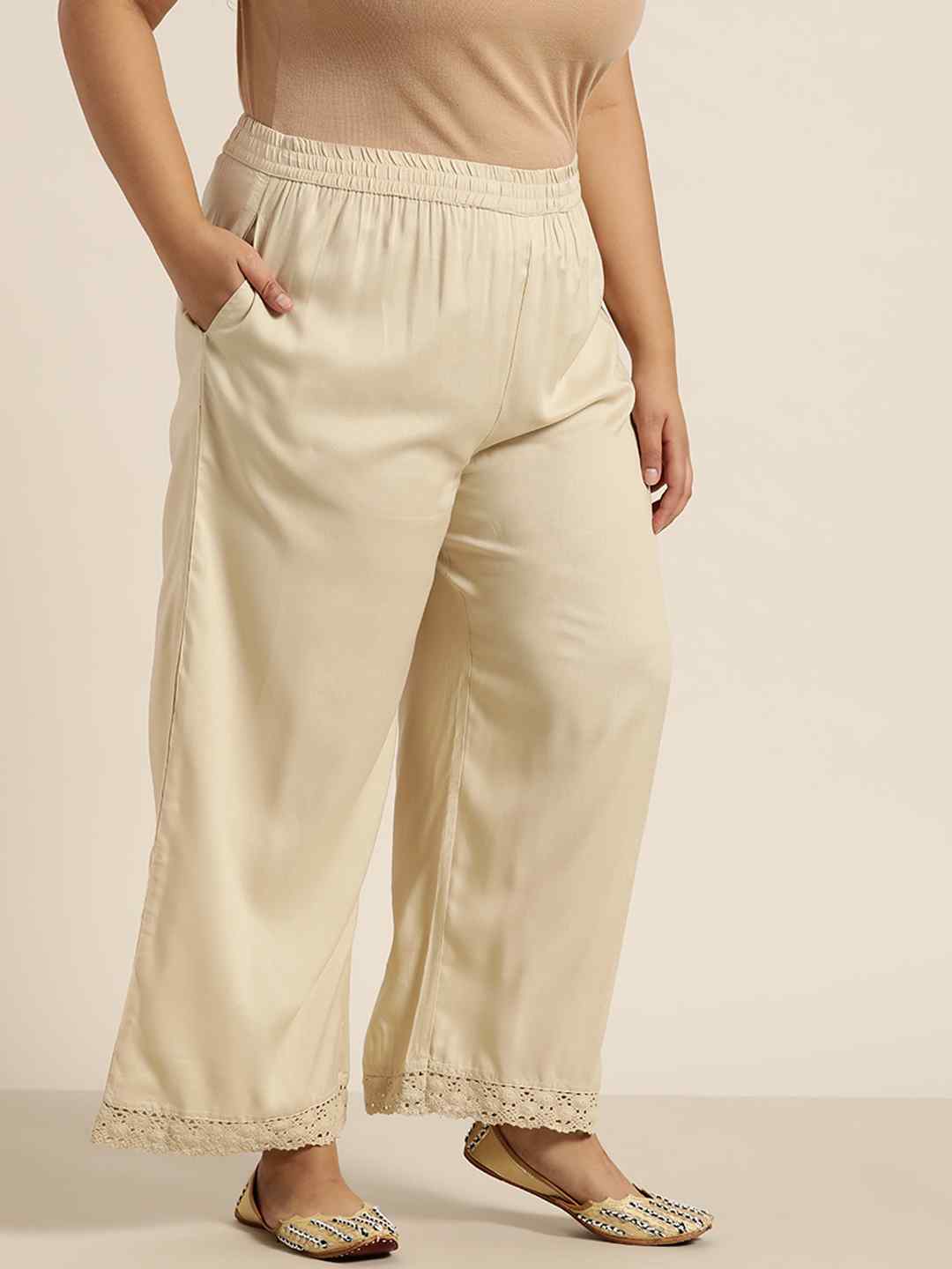 Beige Rayon Solid Wide Leg Palazzo