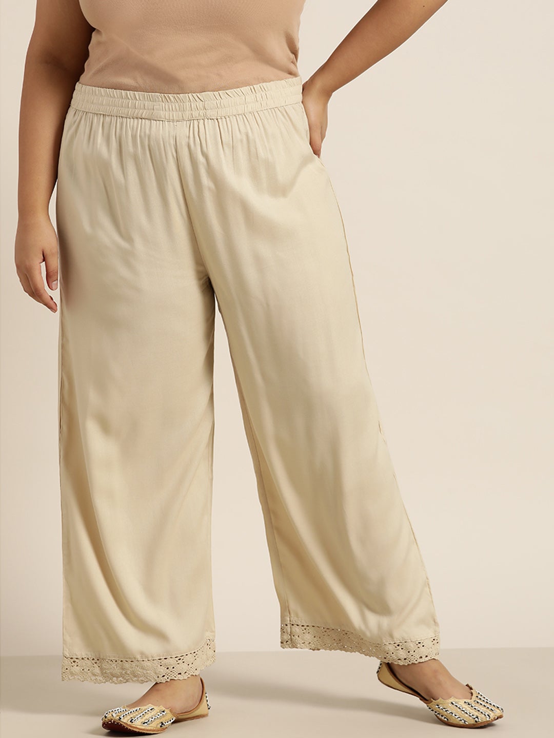 Beige Rayon Solid Wide Leg Palazzo