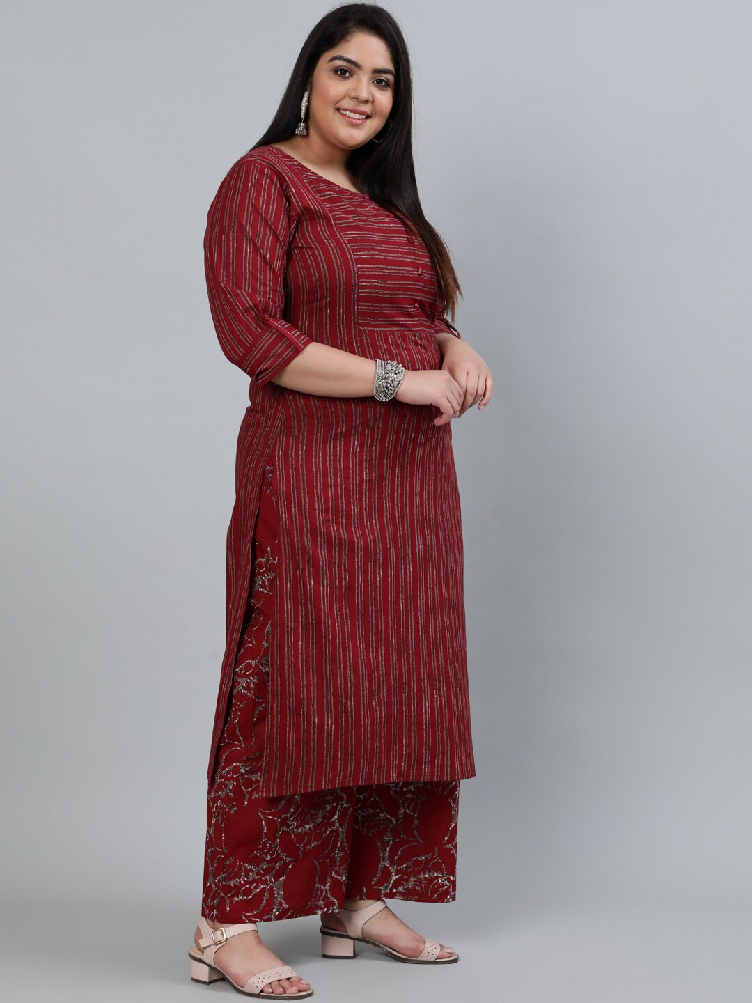 Plus Size Women Maroon Printed Straight Kurta With Palazo & Dupatta