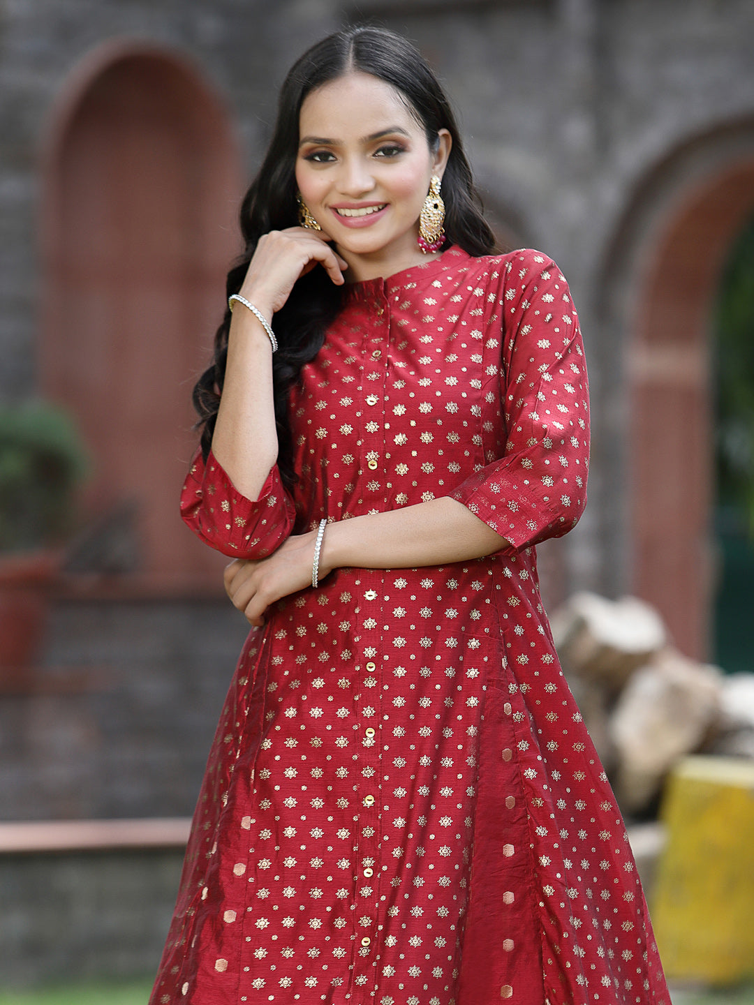Maroon Chanderi Silk Printed Anarkali Kurta