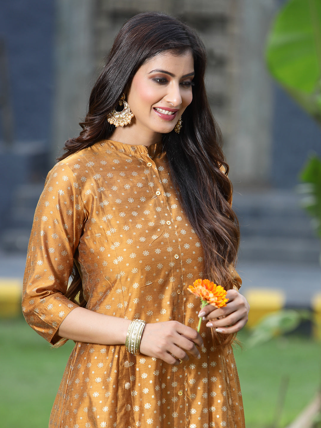 Mustard Chanderi Silk Printed Anarkali Kurta