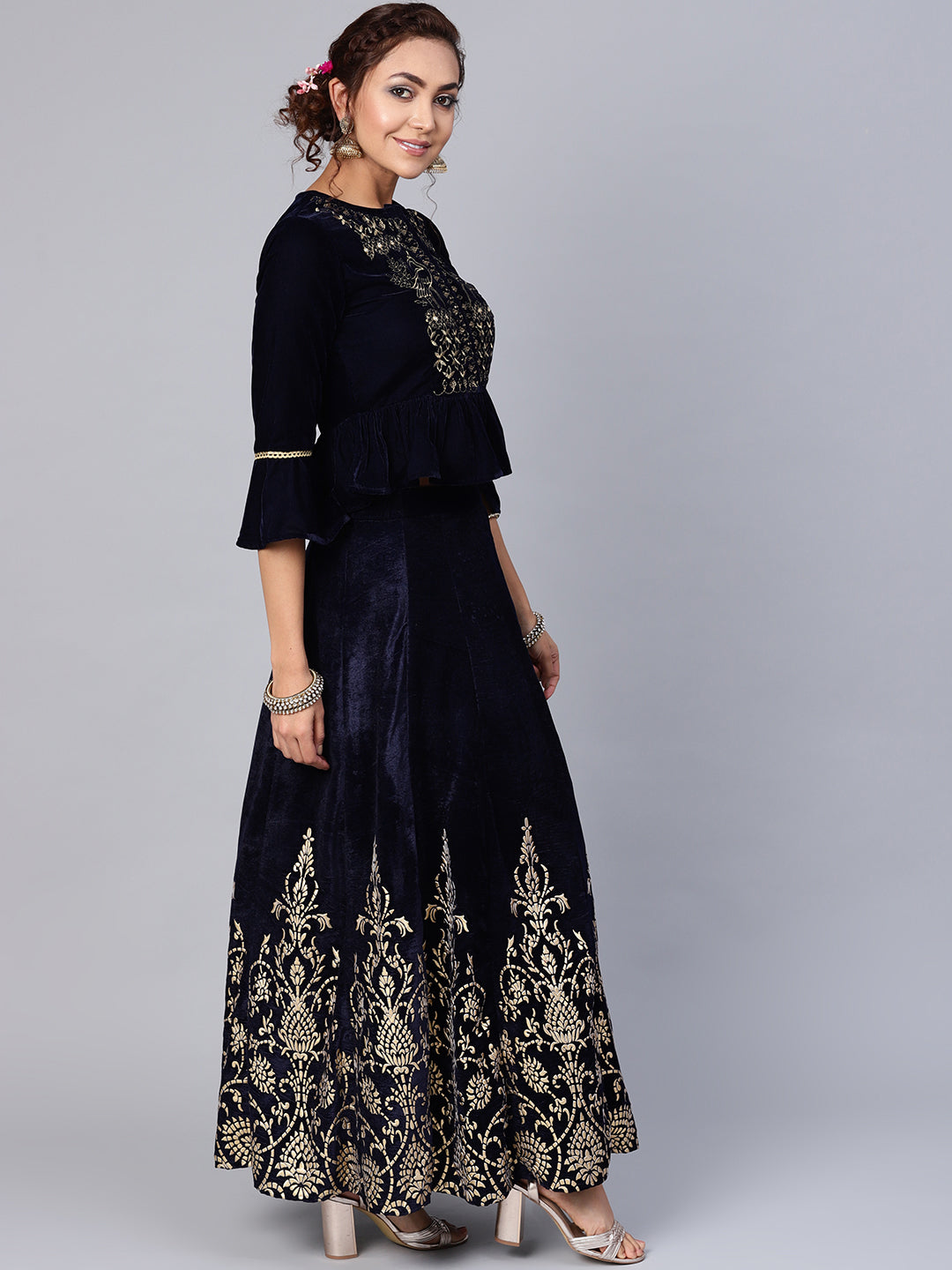 Navy Velvet Embroidered Flared Lehenga Choli Sets