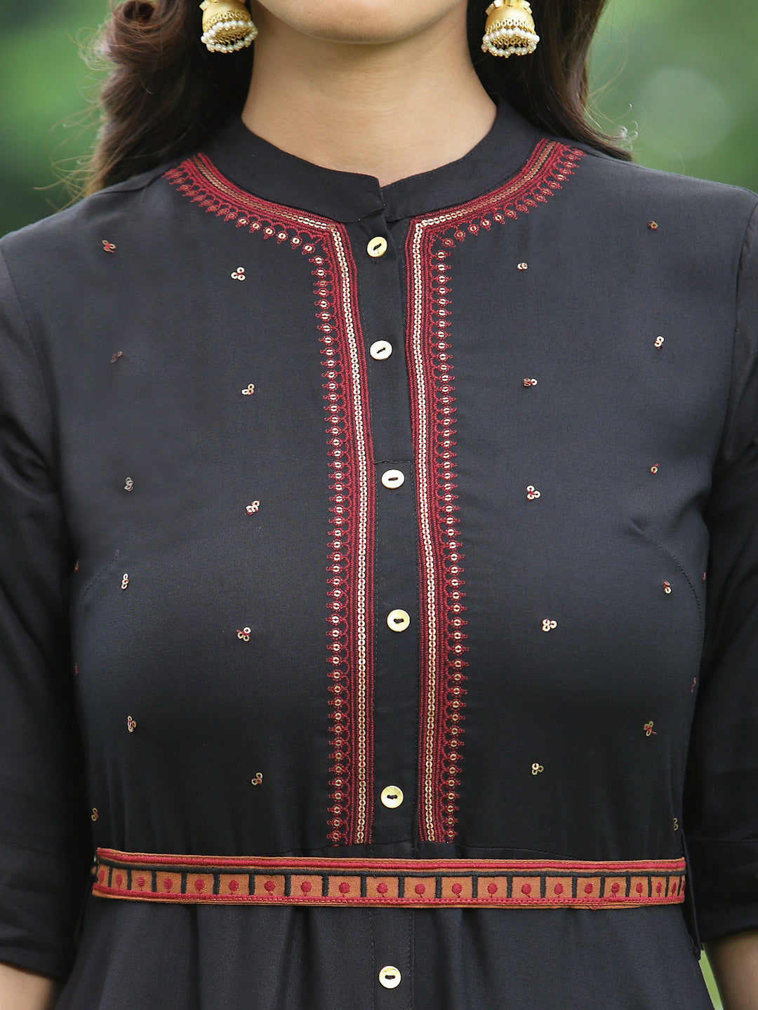 Black Rayon Embellished Flared Dress