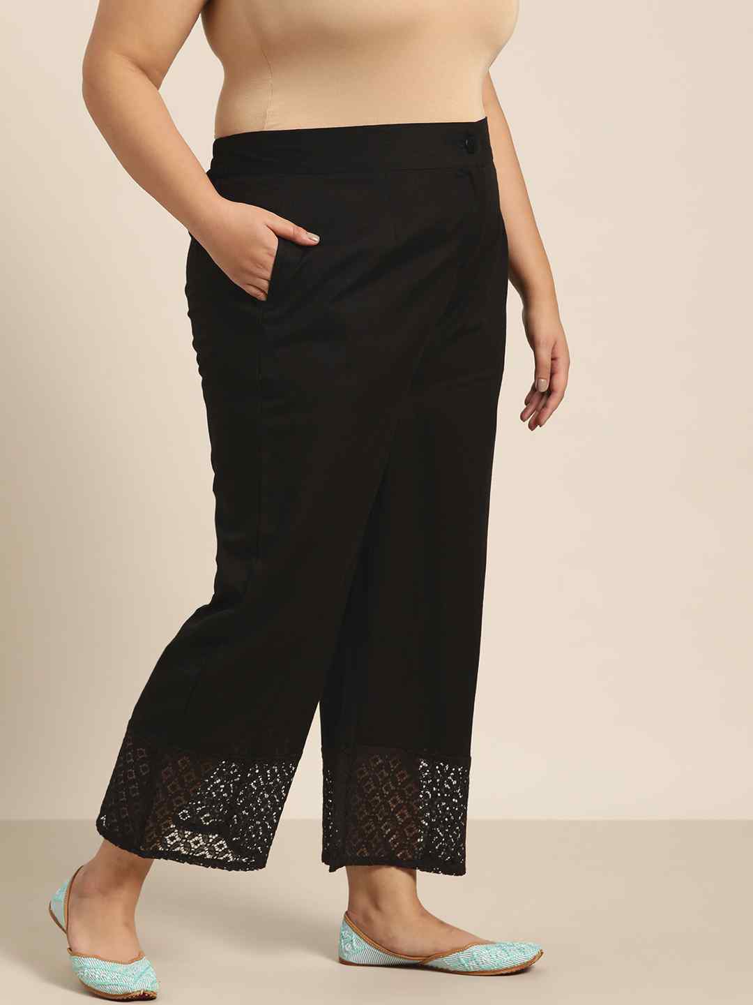 Black Cotton Flex Solid Wide Leg Palazzo