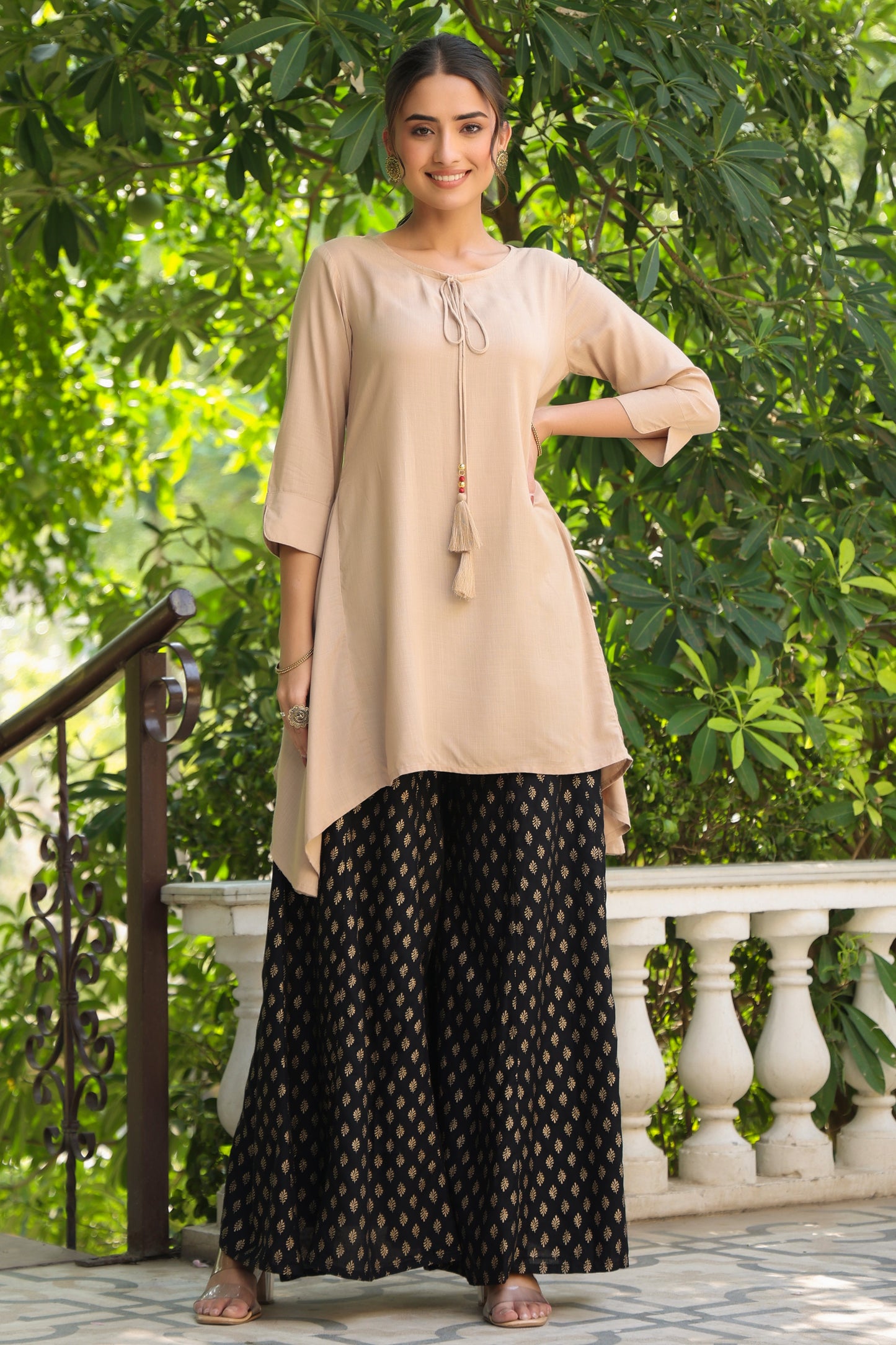 Beige Rayon Slub Solid Asymmetric Kurta