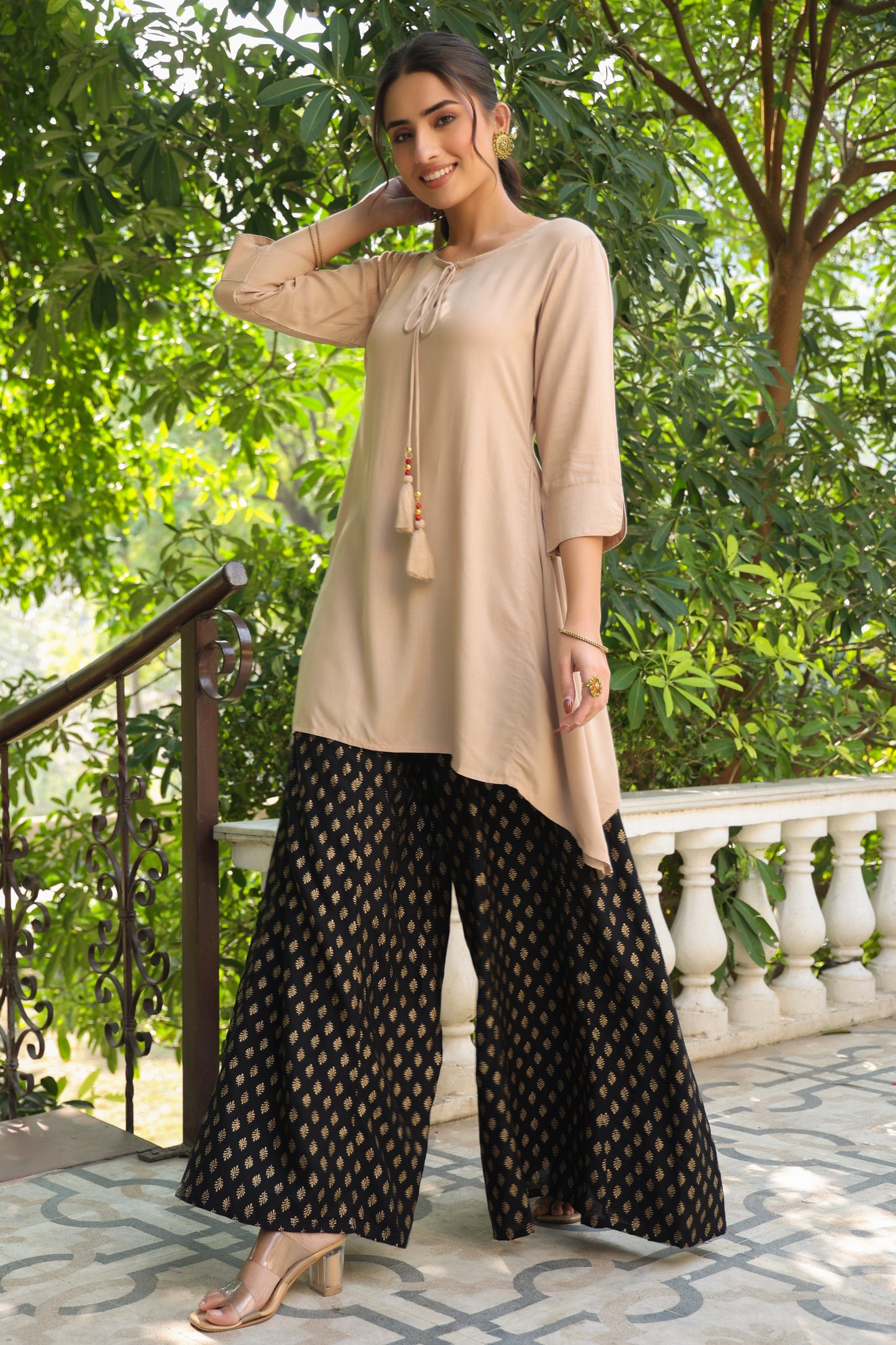 Beige Rayon Slub Solid Asymmetric Kurta