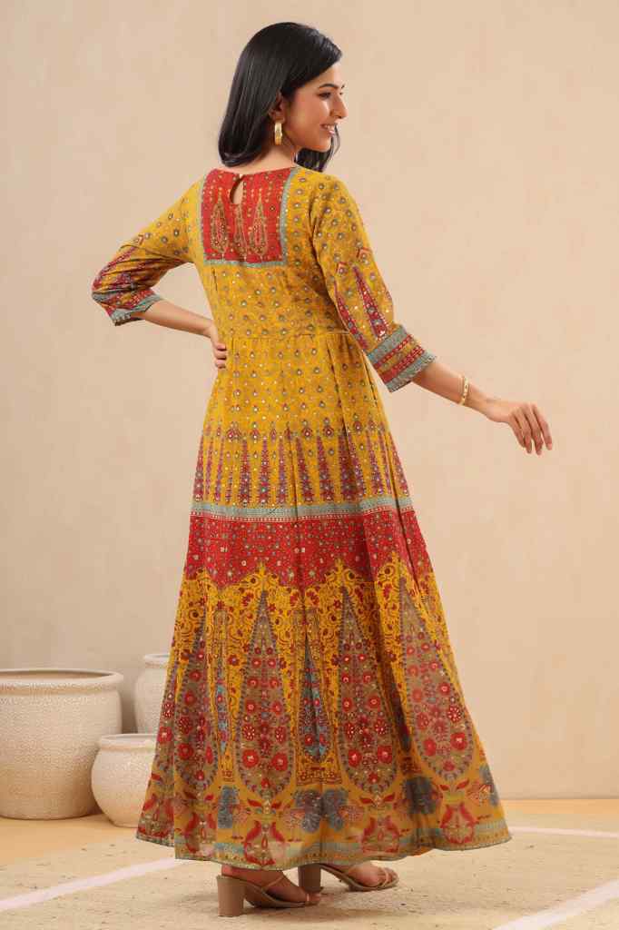 Mustard Georgette Printed Anarkali Dress