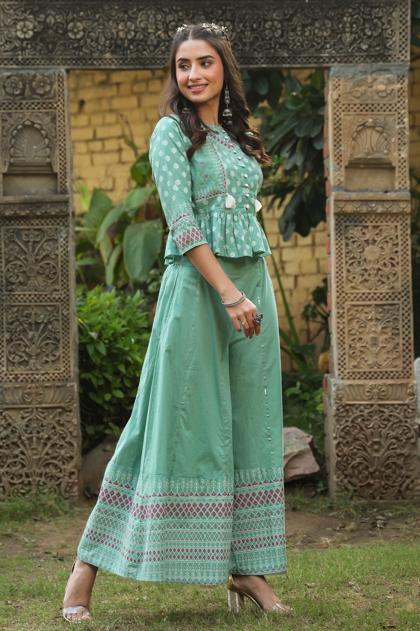 Mint Cambric Printed Peplum Clothing Set